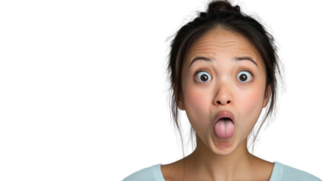 Young woman showing tongue and making grimace on transparent background