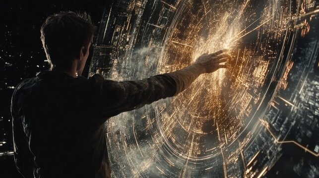 Man activates futuristic interface, city backdrop