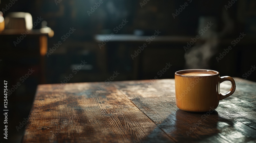 Aufkleber warm coffee cup with steam rising on rustic wooden table in cozy setting exuding comfort and tranqui