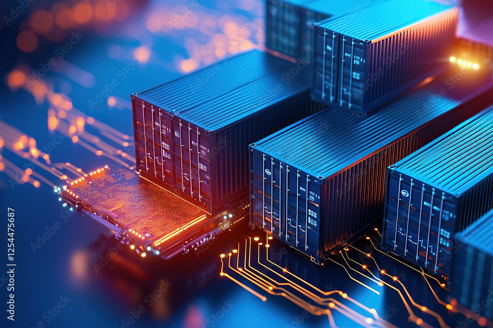 Poster futuristic logistics platforms with digital integration and efficiency. image shows shipping contain