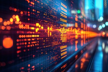 Obraz premium Digital data stream flows across city night