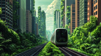 Naklejka premium Futuristic Train Journey Through Lush Urban Jungle Landscape