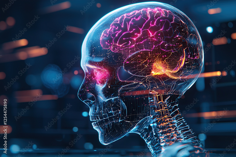 Poster digital rendering of transparent human skull with glowing brain, showcasing neural connections and f