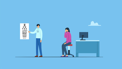 Vector illustration of young man doctor ophthalmologist making eye test using chart for sitting woman patient at clinic or hospital room. Ophthalmology and ophthalmologist concept.