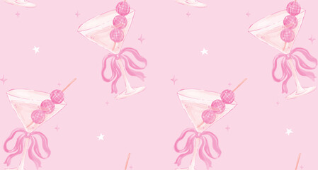 Seamless Pattern Coquette Disco Ball Martini Glass with Pink Ribbon Bow Watercolor isolated