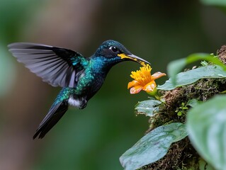 Fototapeta premium A vibrant hummingbird hovers near an orange flower, showcasing its iridescent feathers against a blurred green background.
