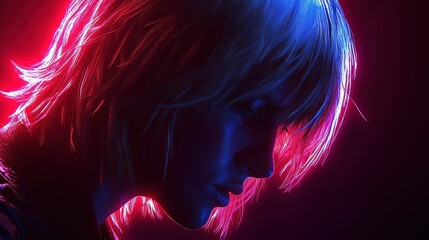 Fototapeta premium Neon-lit woman profile, dark background, digital art, album cover