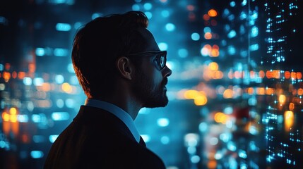 Man, city, night, data, future, technology, vision, progress, business, analyzing