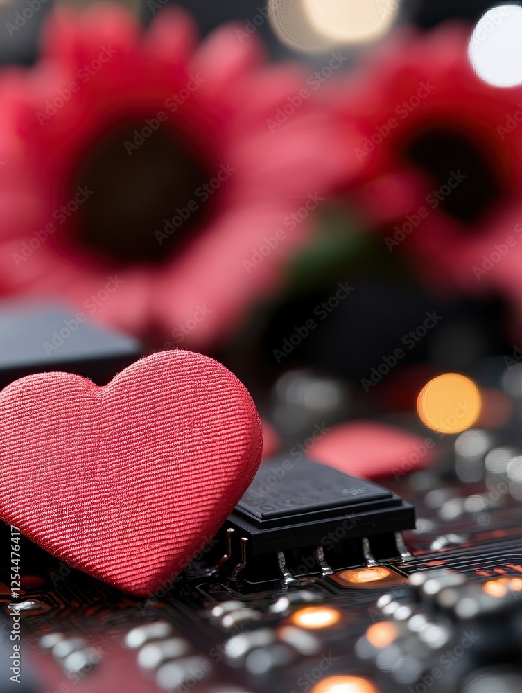 Poster a close-up of a red heart-shaped object on a circuit board, surrounded by vibrant flowers, blending 