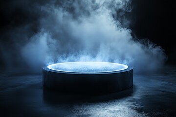 Photorealistic AI-generated image of a sleek, minimalistic product podium covered in liquid nitrogen, with dramatic back lighting on a dark background. Perfect for tech and marketing visuals