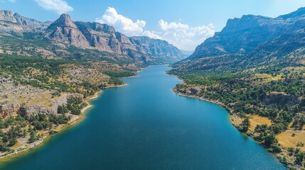 Obraz premium Aerial view of a serene river winding through majestic mountains under a clear blue sky