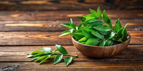 Obraz premium Fresh curry leaves in coconut bowl on wooden background, herbal, tropical, herbal, tropical, home cook, culinary, cooking
