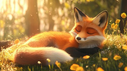 Obraz premium Relaxing Fox Sleeping in Sunlit Forest with Colorful Flowers