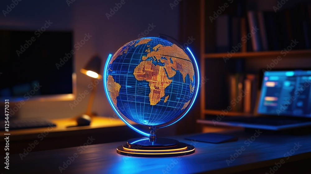 Poster illuminated globe on desk with modern technology in background