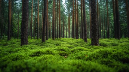 Obraz premium Serene forest landscape with tall trees and lush green moss covering the ground, peaceful atmosphere