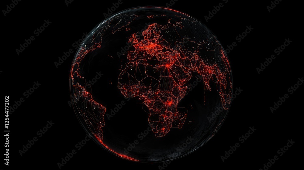 Poster Dark Planet Globe Displaying Illuminated Network Connections in Red