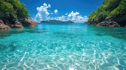 Obraz premium Crystal-clear turquoise waters gently lapping against rocky shores under a vibrant blue sky