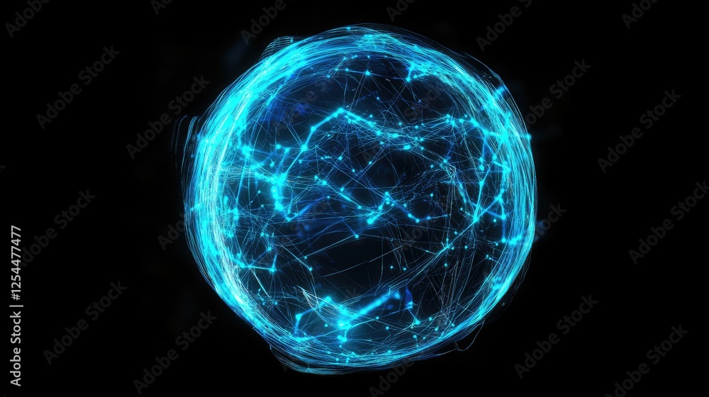 Poster bright blue sphere representing global network connection and data flow