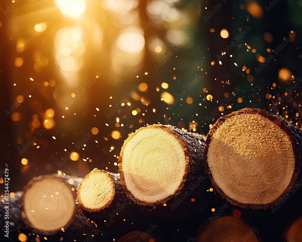 Poster sunlight streams through trees, illuminating freshly cut logs, creating a magical atmosphere with sp