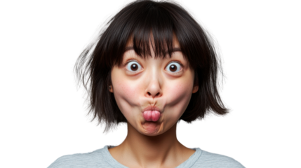 Young woman sticking out her tongue with inflated cheeks on transparent background