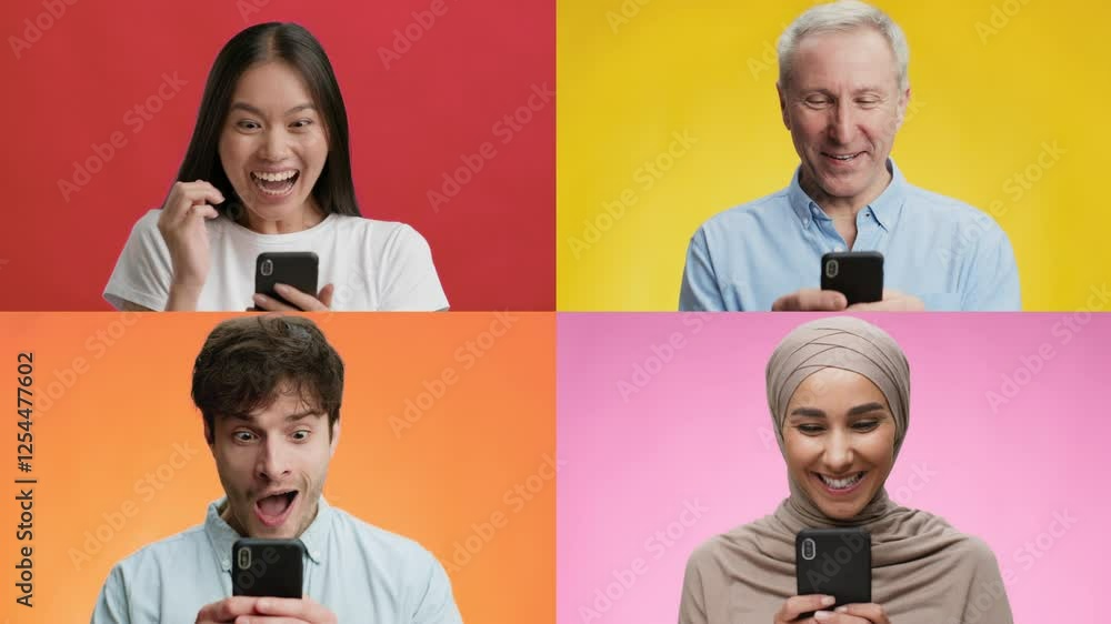 Poster four individuals of different backgrounds are excitedly engaging with their smartphones, showcasing 