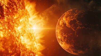 Solar flare engulfing Earth, space background, cosmic event, science fiction illustration