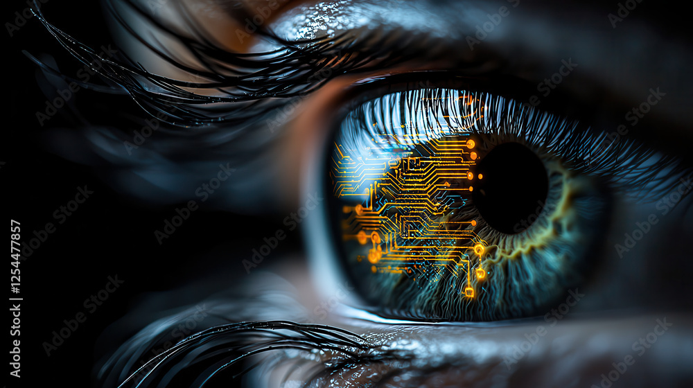 Poster close up image of eye featuring intricate circuitry patterns, symbolizing technology and vision. detailed reflection showcases blend of organic and digital elements, evoking curiosity and