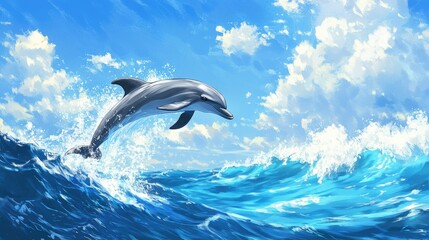 Fototapeta premium Graceful Dolphin Leaping Above Vibrant Ocean Waves Under Blue Sky