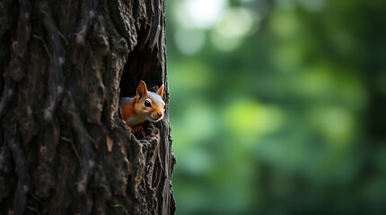 Obraz premium A small brown squirrel peeks out from the trunk of an old tree in a green forest