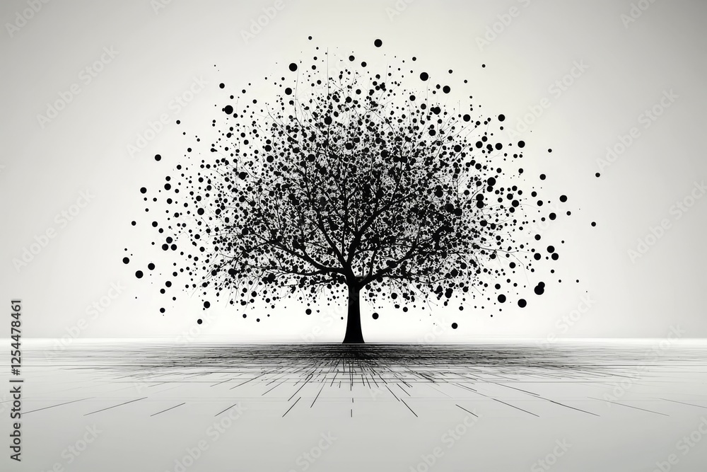 Poster an artistic representation of a technological tree on a minimalist white canvas.