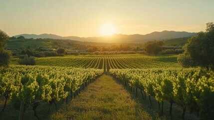 Naklejka premium Vineyard sunset, Tuscan hills, rows of vines, golden hour, agriculture