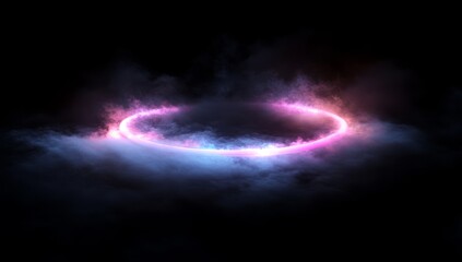 Glowing neon ring above smoky clouds.