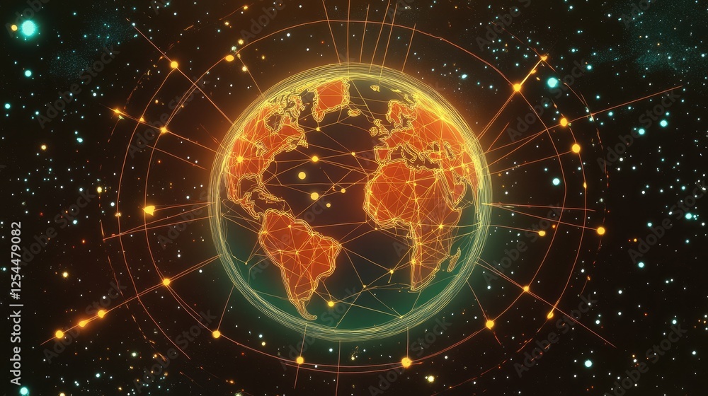 Poster global network visualization with bright lines and dots in space