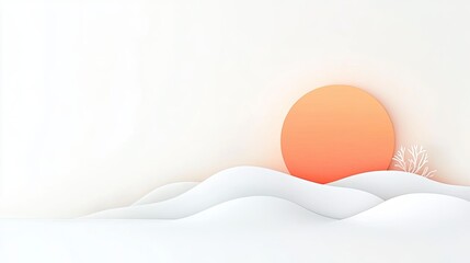 Fototapeta premium Abstract landscape with soft white hills and a large orange sun setting in a serene background