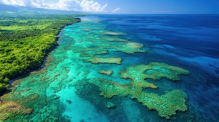 Obraz premium Aerial view of vibrant coral reefs and lush green coastline under a clear blue sky