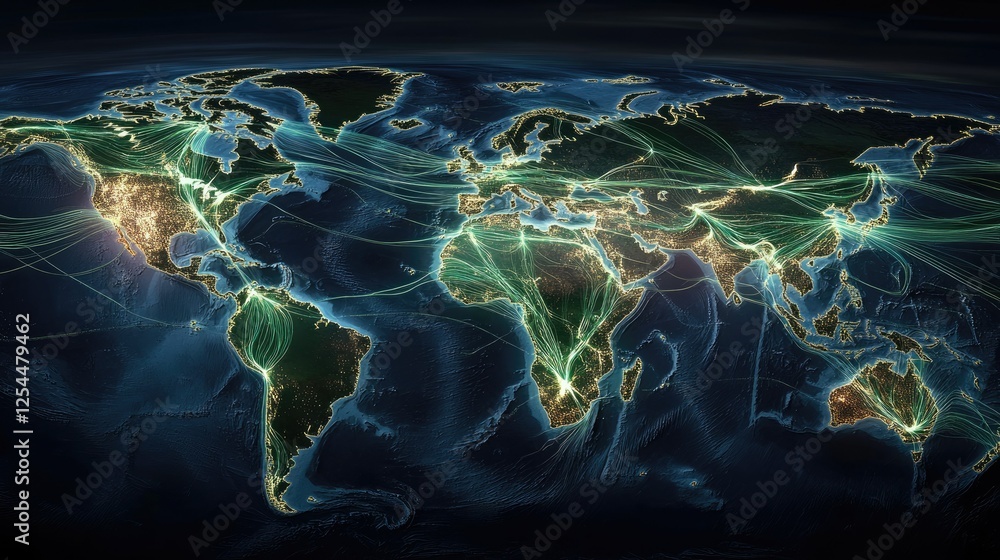 Poster global connectivity and data flow visualized on world map illustration
