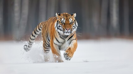 Obraz premium Portrait wild siberian tiger majestic animal running in winter snow. AI generated image