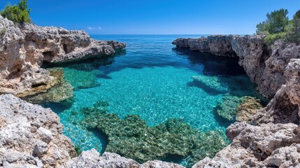 Fototapeta premium Turquoise cove with rocky cliffs. Sunny Mediterranean sea. Suitable for travel or nature photography