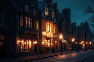 Fototapeta premium Night street, old town, UK, buildings lit, calm ambiance, travel