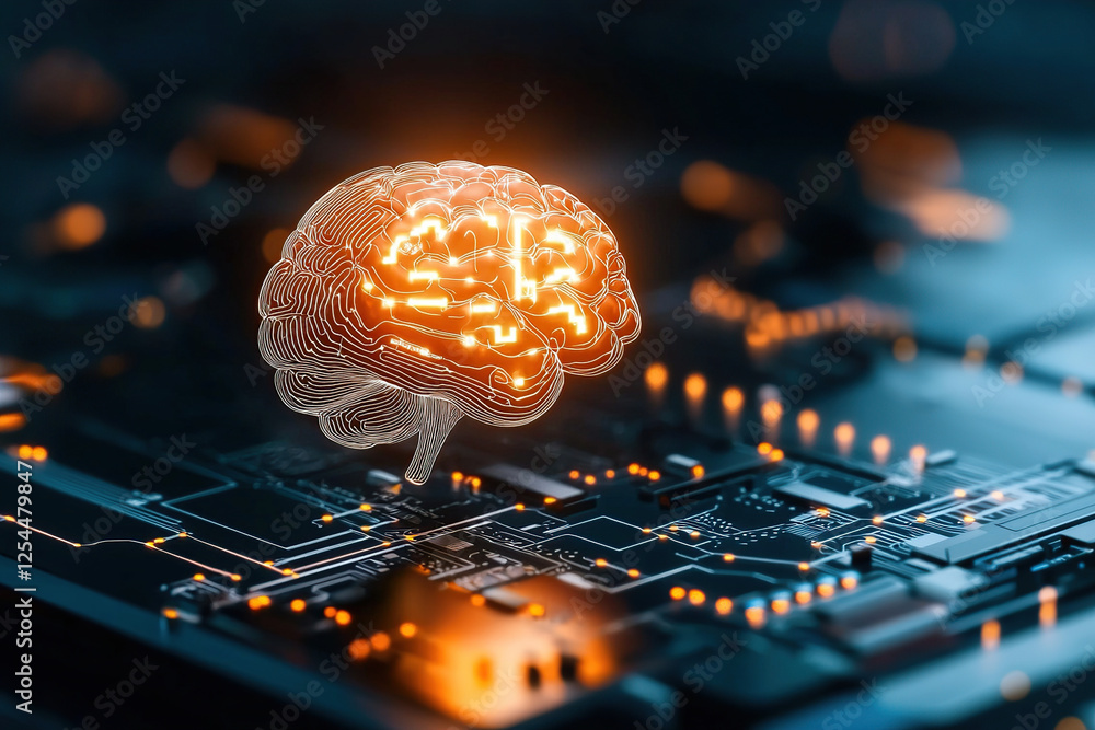Aufkleber glowing digital brain hovers over circuit board, symbolizing ai integration technology. image highli