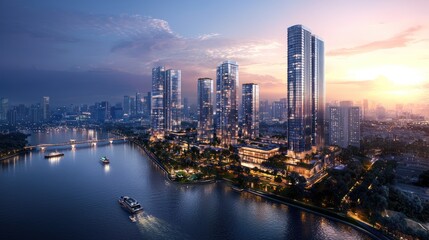 Fototapeta premium Riverfront luxury condos, sunset city skyline, boat, advertising