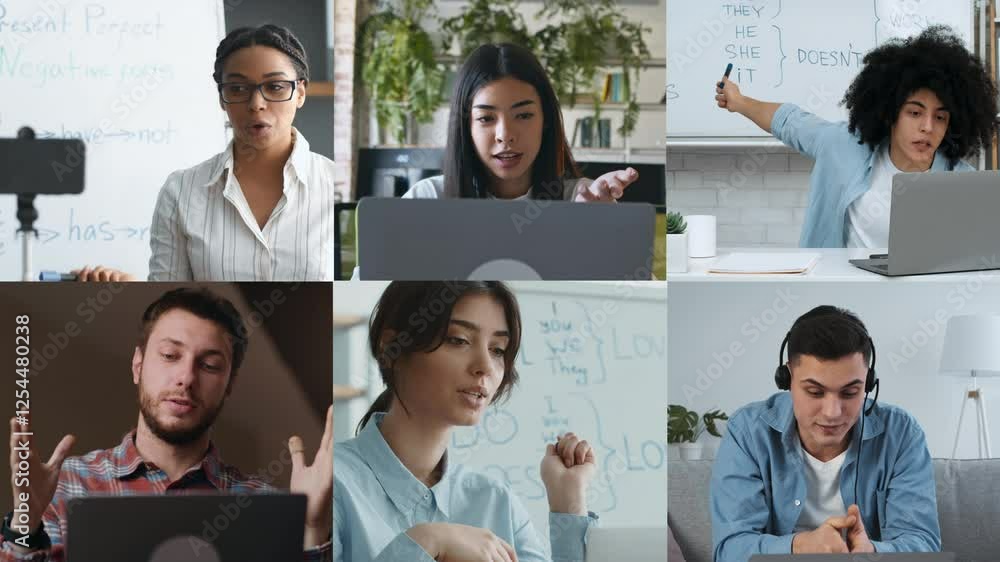 Poster Six people participate in video conferencing, displaying varied emotions and settings. Some focus intently, while others interact casually in a dynamic remote learning environment.