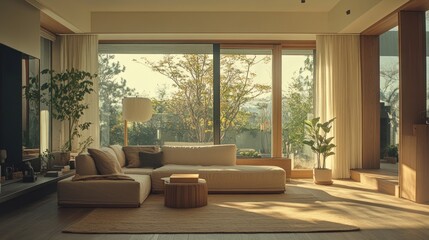 Fototapeta premium Modern living room, sunlight, autumn trees, cozy design, interior