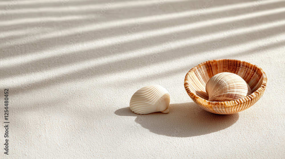 Leinwandbilder minimalist composition featuring light brown seashells in bowl, casting soft shadows on textured sur
