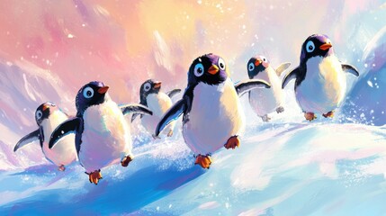 Playful Penguins Sliding on Snowy Surface in Colorful Winter Scene