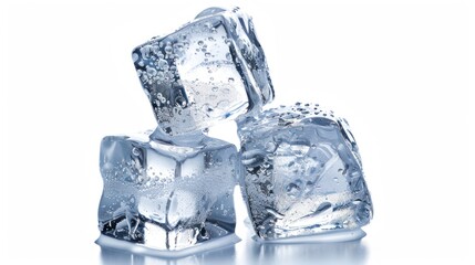 Obraz premium Closeup three ice cubes transparent stack on white background. AI generated image