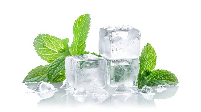 Closeup detail of ice cubes stack with green mint leaves on white background. AI generated image