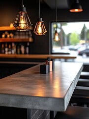 A modern bar scene featuring elegant pendant lights, a sleek concrete countertop, and a stylish atmosphere, perfect for social gatherings.