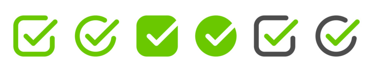 green check mark icon, check box icon set. circle and square. tick box symbol in green with correct, accept checkmark icons , check list circle frame - checkbox symbol vector sign