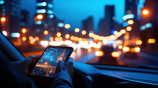person using tablet in car at night, displaying cityscape with bright lights and blurred traffic, illustrating smart transportation and integrated AI systems